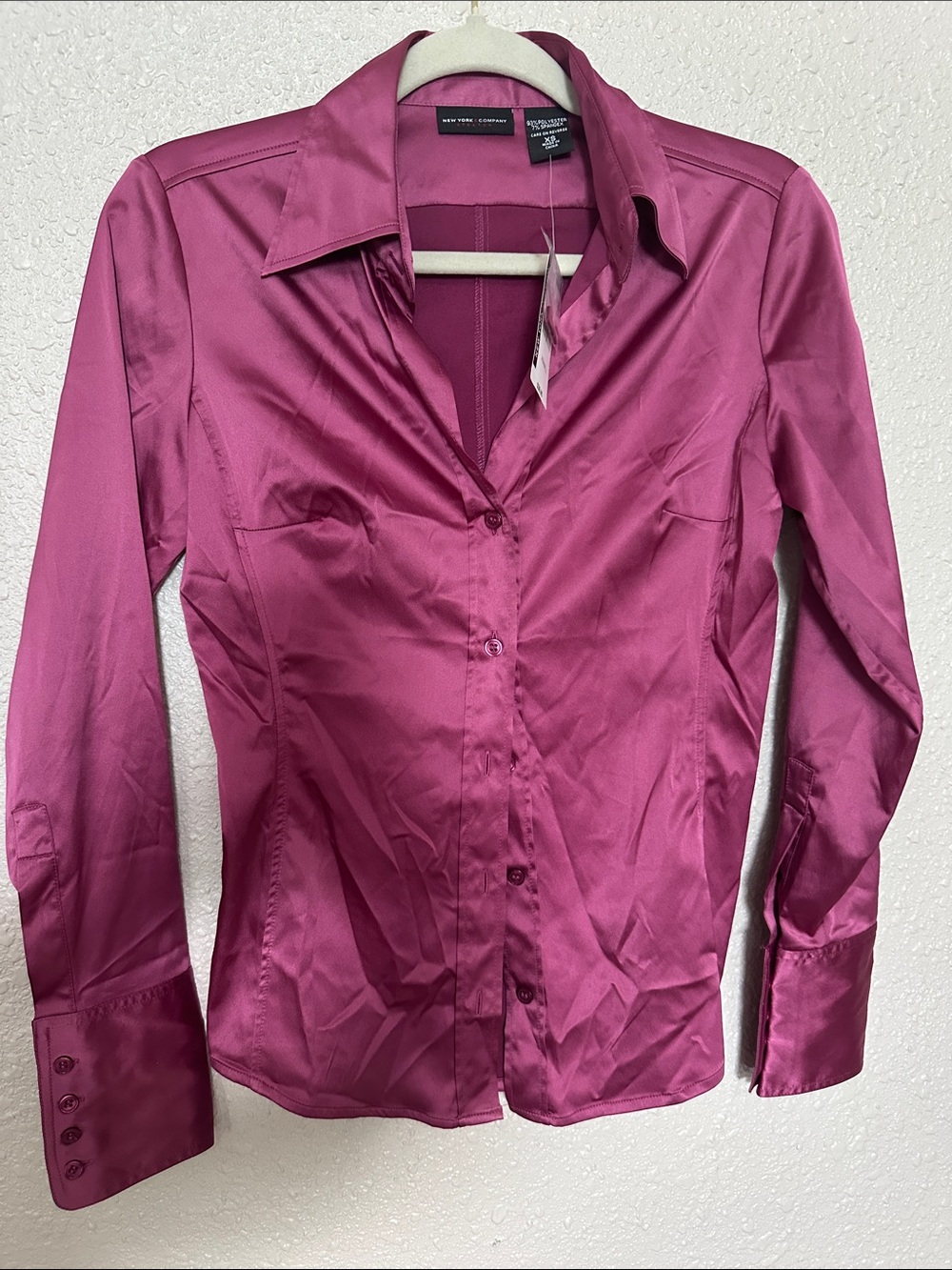 New York & Company Magenta Satin Button-Down Shirt